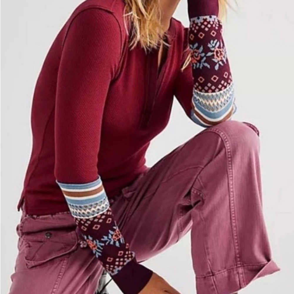 NWT Free People Boho Mikah Layering Long Cuff Top Blouse Henley Wine Combo XL